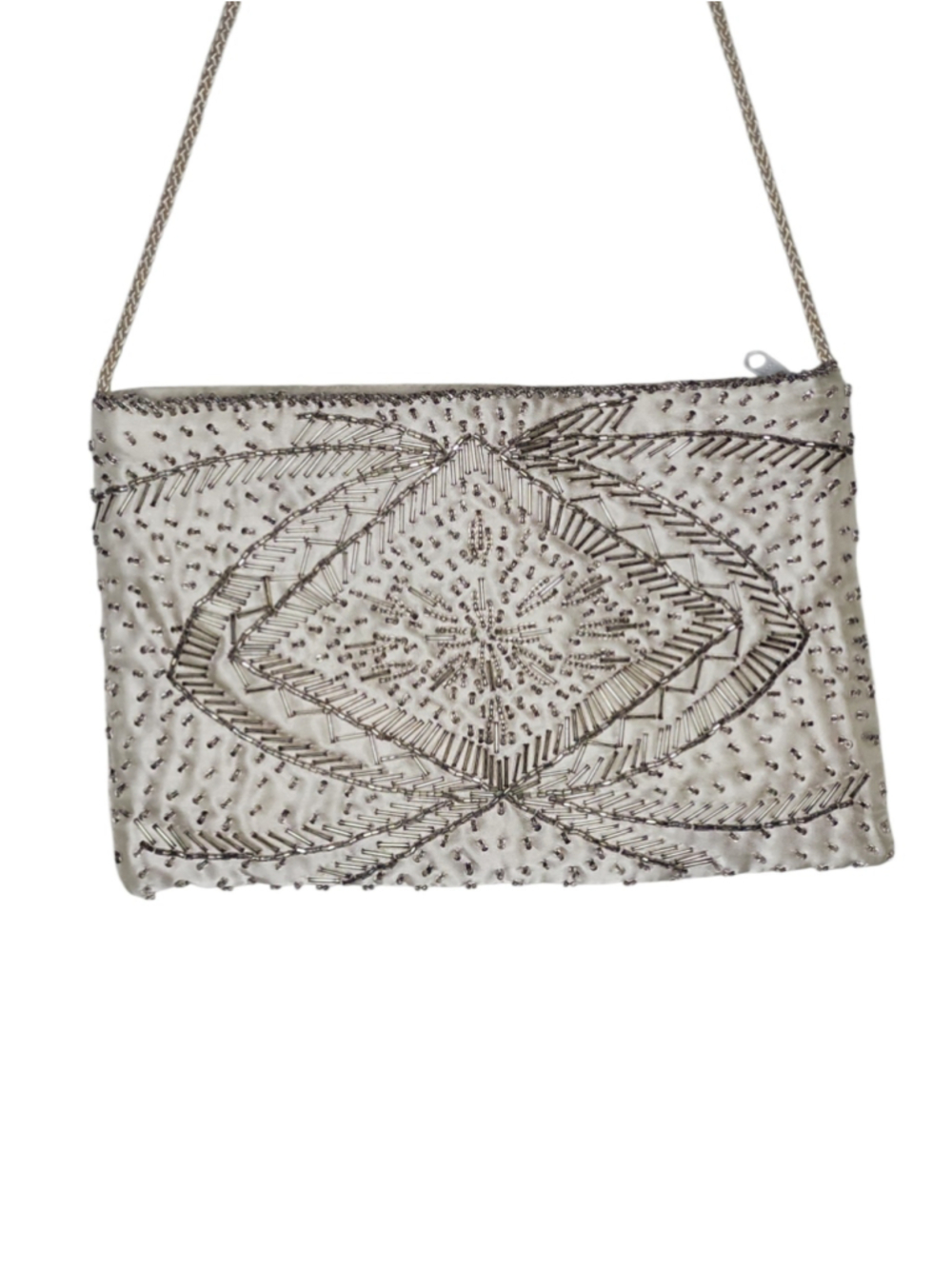 Cute Little Ivory Satin Silver Beaded Bag